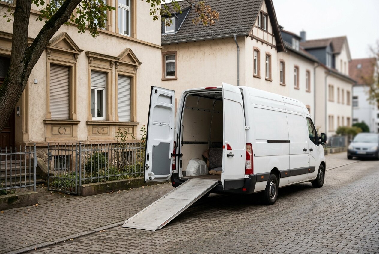 Umzugstransporter mit geöffneter Hecktür und ausgeklappter Rampe vor einem Altbau