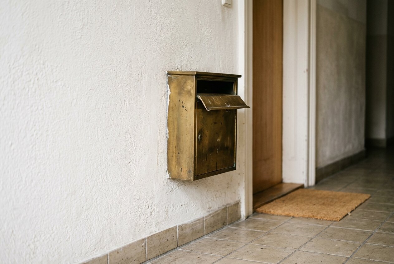 Alter Messing-Hausbriefkasten an einer Altbauwand über einer Fußmatte