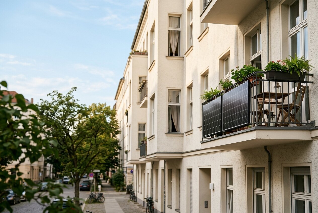 Balkon eines Altbaus in Berlin mit zwei Solarmodulen am Geländer, Pflanzen und einem Klapptisch