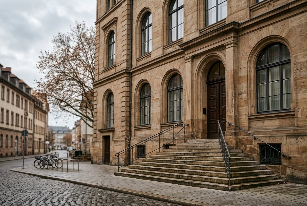Fassade eines älteren Bankgebäudes aus Sandstein mit breiter Steintreppe