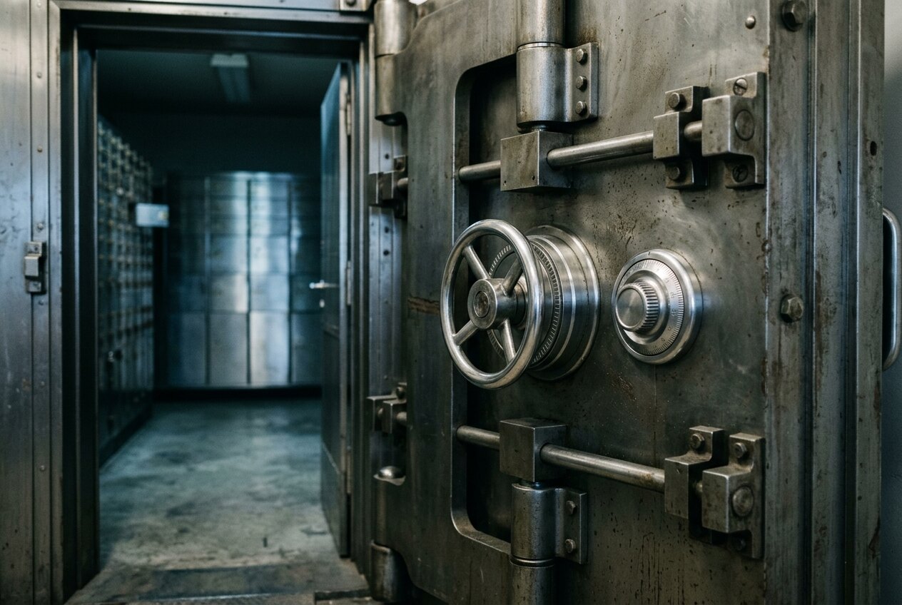 Halb geöffnete Stahltür eines Banktresors mit Drehrad und Bolzenmechanik