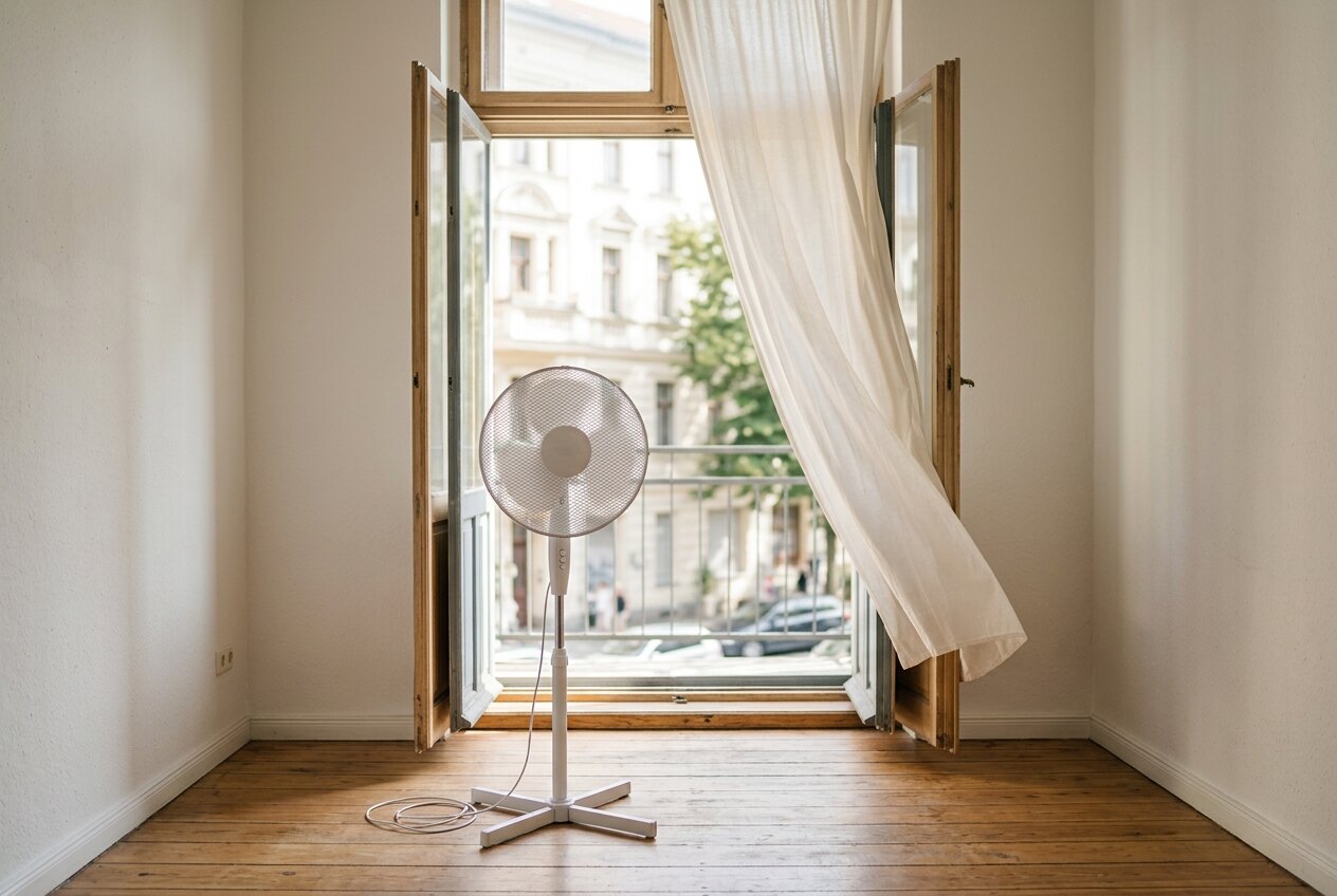 Standventilator vor einem geöffneten Altbaufenster im Sommer