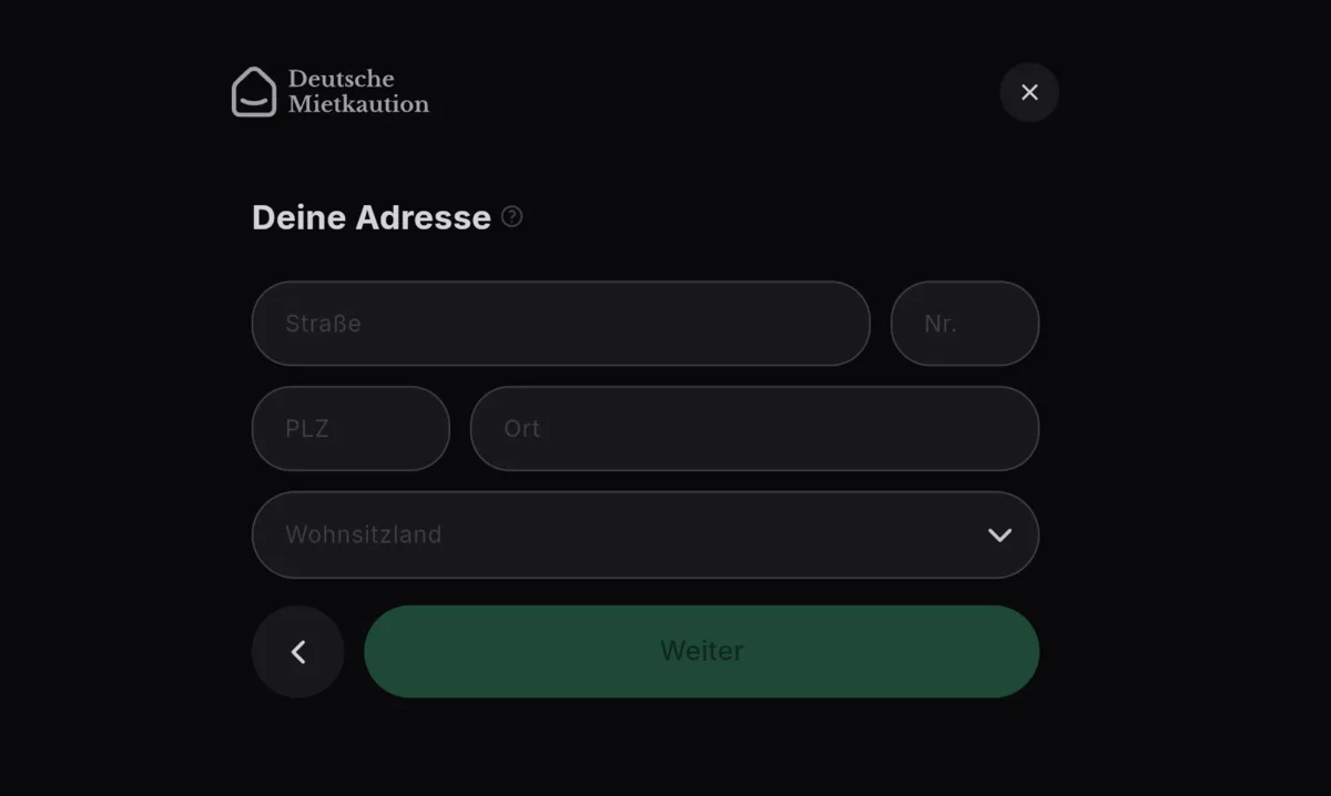 Deutsche Mietkaution: Formular „Deine Adresse“ mit Straße, Hausnummer, PLZ, Ort und Wohnsitzland