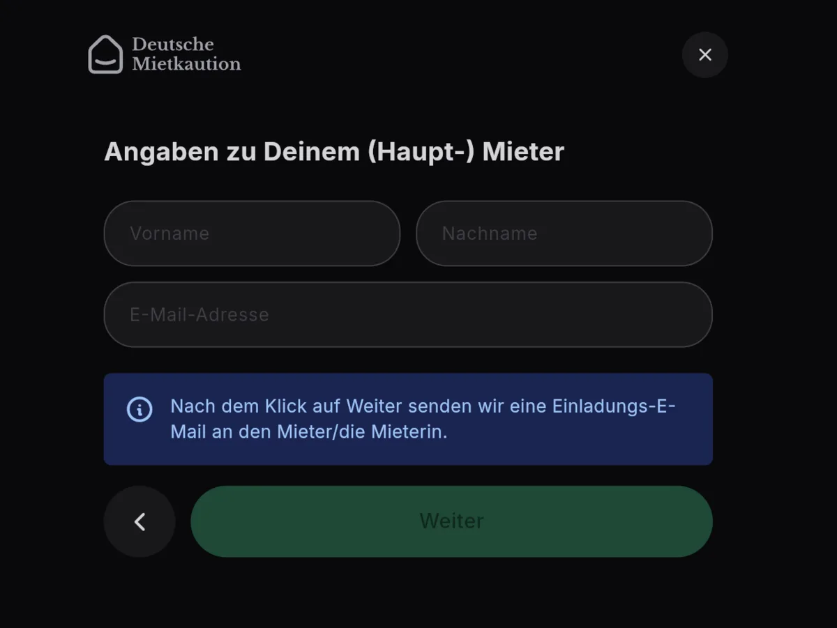 Deutsche Mietkaution: Formular „Angaben zu Deinem (Haupt-) Mieter“ mit Hinweis auf die Einladungs-E-Mail