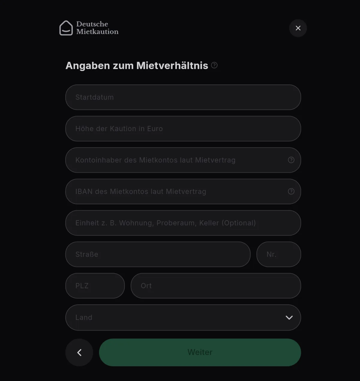 Deutsche Mietkaution: Formular „Angaben zum Mietverhältnis“ mit Startdatum, Kautionshöhe, Kontoinhaber, IBAN, Einheit und Adresse