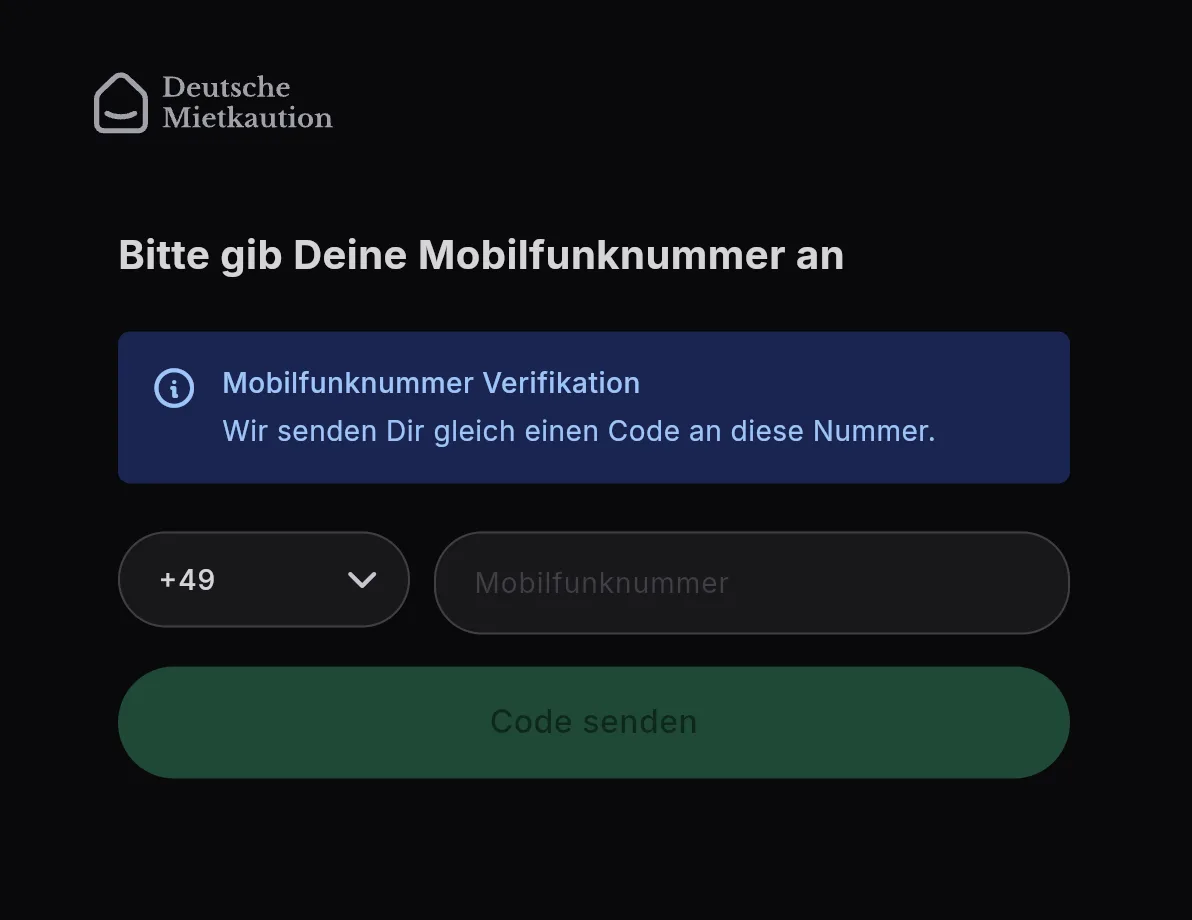 Deutsche Mietkaution: Eingabe der Mobilfunknummer für die Verifikation per Code