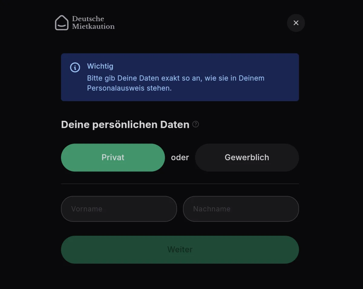 Deutsche Mietkaution: Formular „Deine persönlichen Daten“ mit Auswahl Privat oder Gewerblich