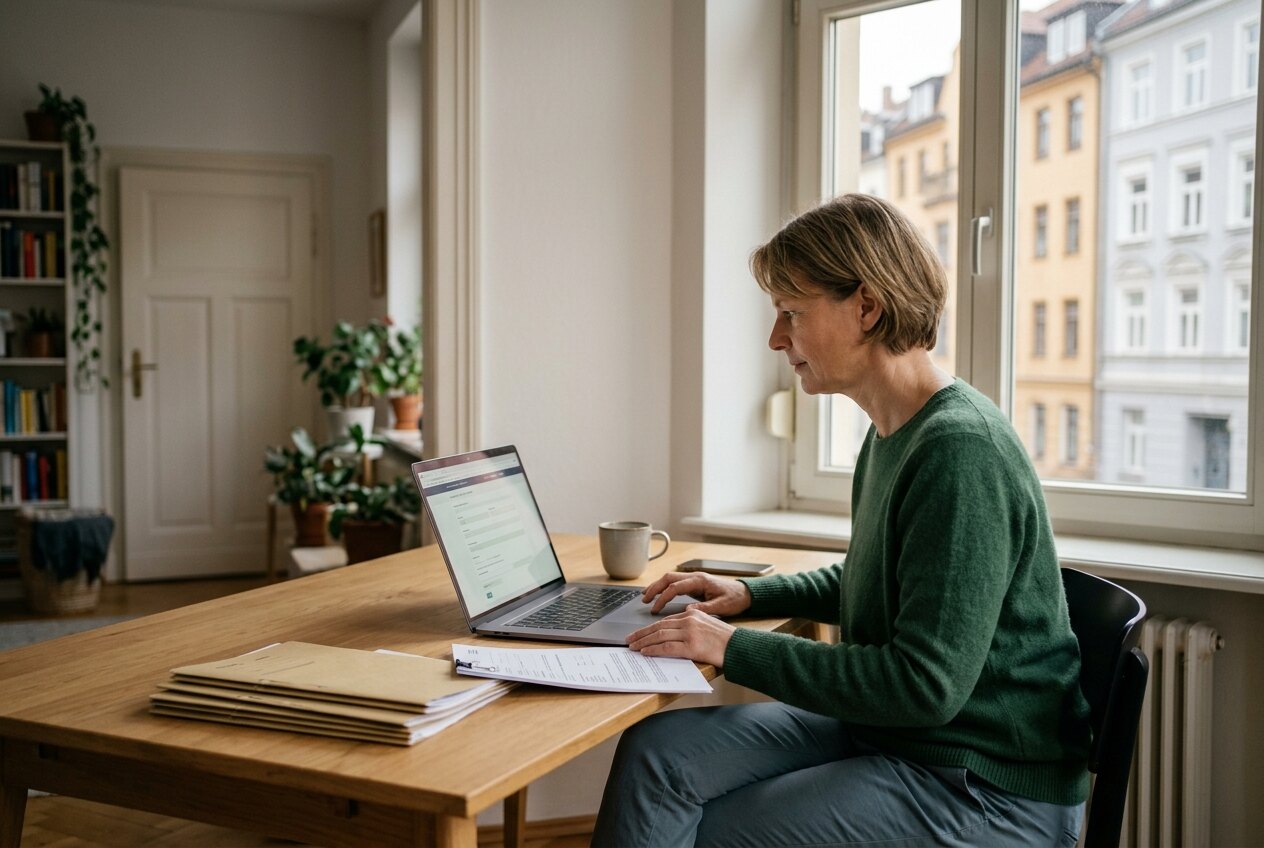 Vermieterin sitzt am Küchentisch und füllt am Laptop das Online-Formular zur Eröffnung eines Mietkautionskontos aus
