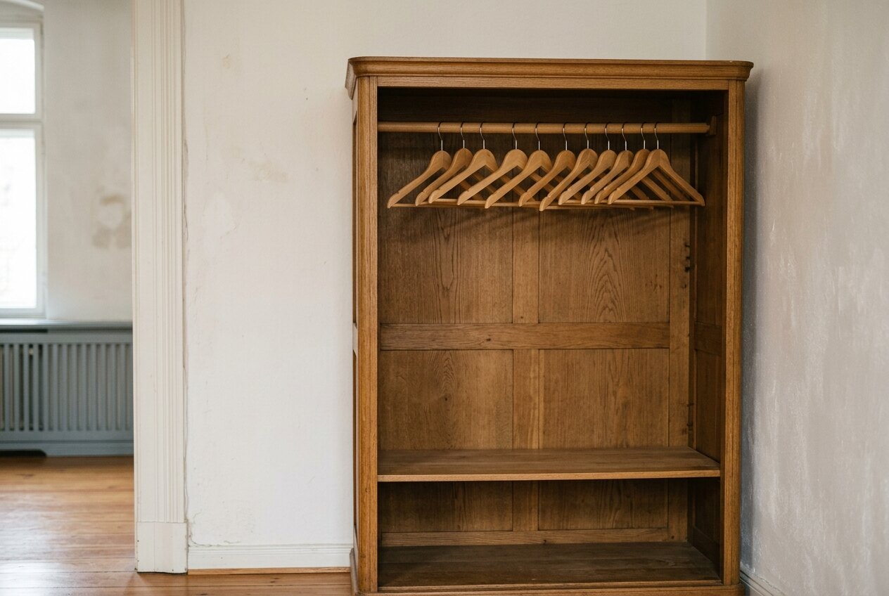 Leerer Kleiderschrank mit leeren Holzbügeln in einer Altbauwohnung