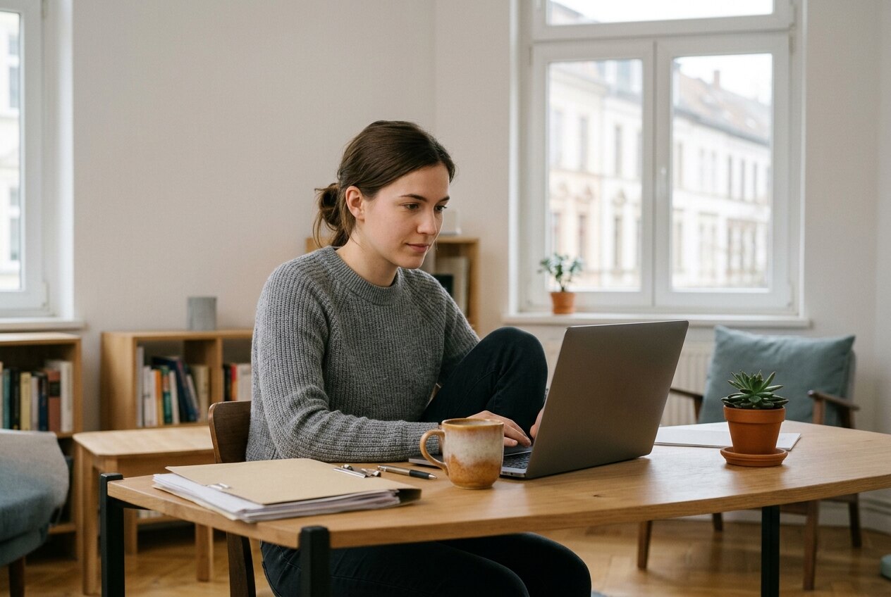 Frau arbeitet am Laptop an einem Holztisch, daneben Kaffeetasse, Mappe und eine kleine Pflanze