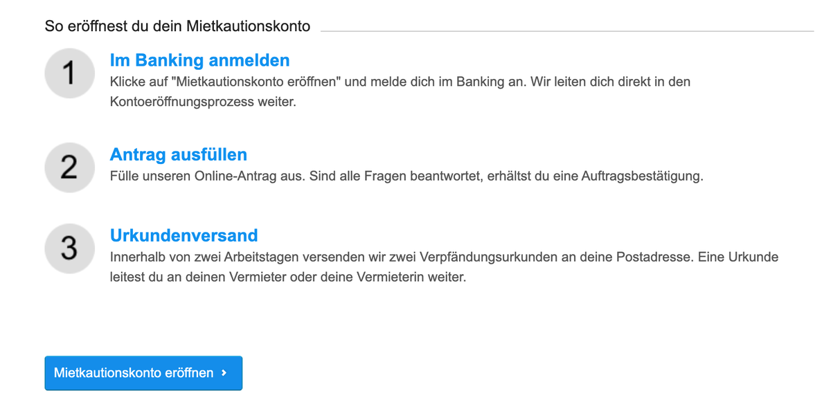 DKB-Anleitung „So eröffnest du dein Mietkautionskonto“ in drei Schritten: im Banking anmelden, Antrag ausfüllen, Urkundenversand