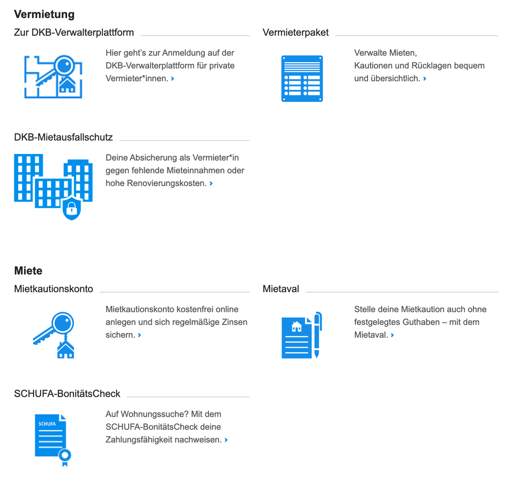 DKB-Onlinebanking mit den Bereichen Vermietung (Verwalterplattform, Vermieterpaket, Mietausfallschutz) und Miete (Mietkautionskonto, Mietaval, SCHUFA-BonitätsCheck)