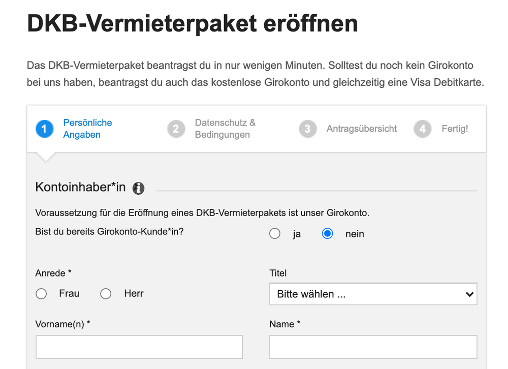 Antragsformular „DKB-Vermieterpaket eröffnen“ mit dem Hinweis, dass ein DKB-Girokonto Voraussetzung ist