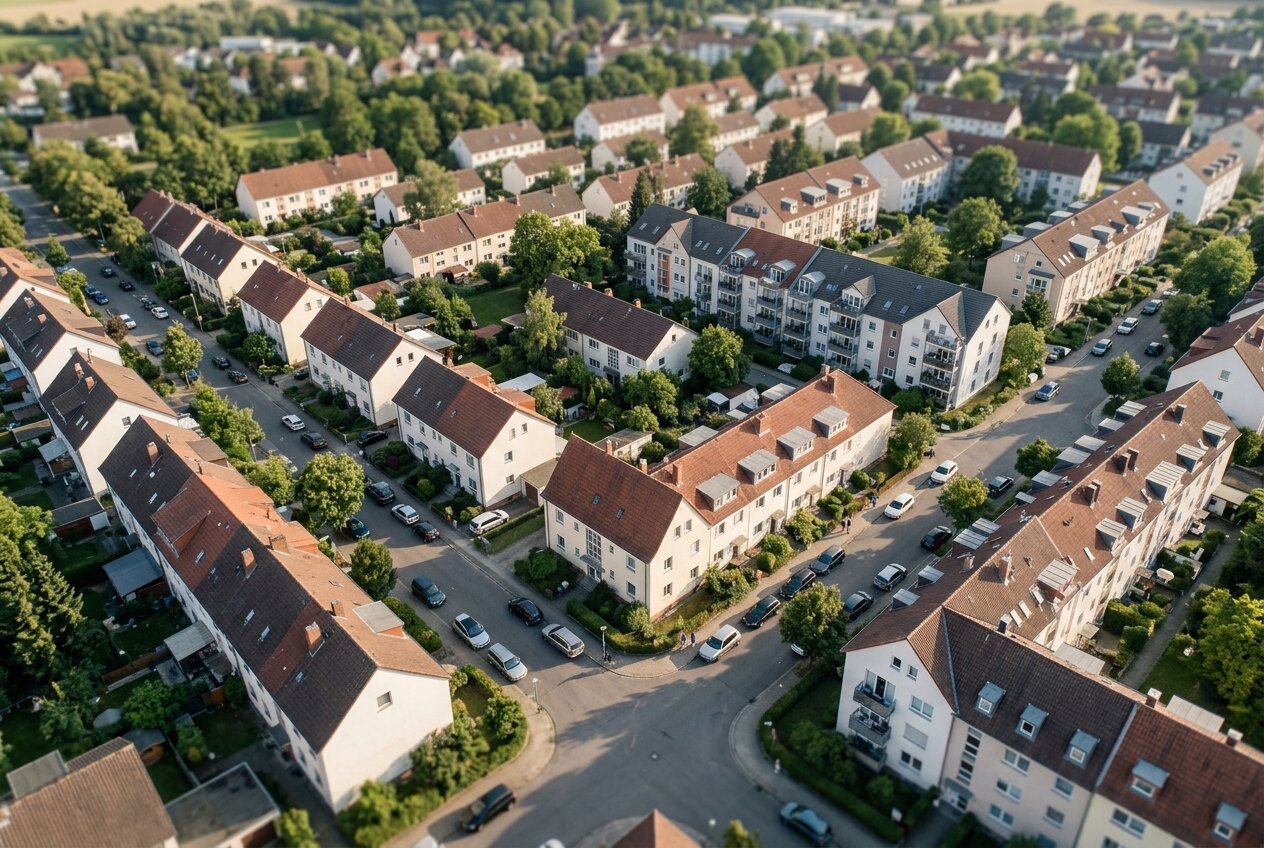Luftbild eines deutschen Wohnviertels mit Reihenhäusern und Mehrfamilienhäusern