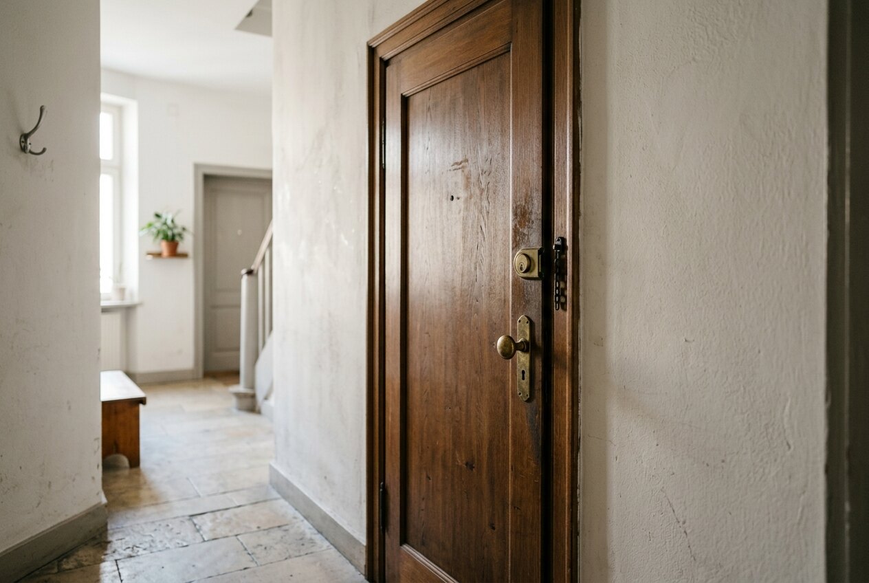 Wohnungstür aus dunklem Holz mit Messingklinke und Sicherheitsschloss