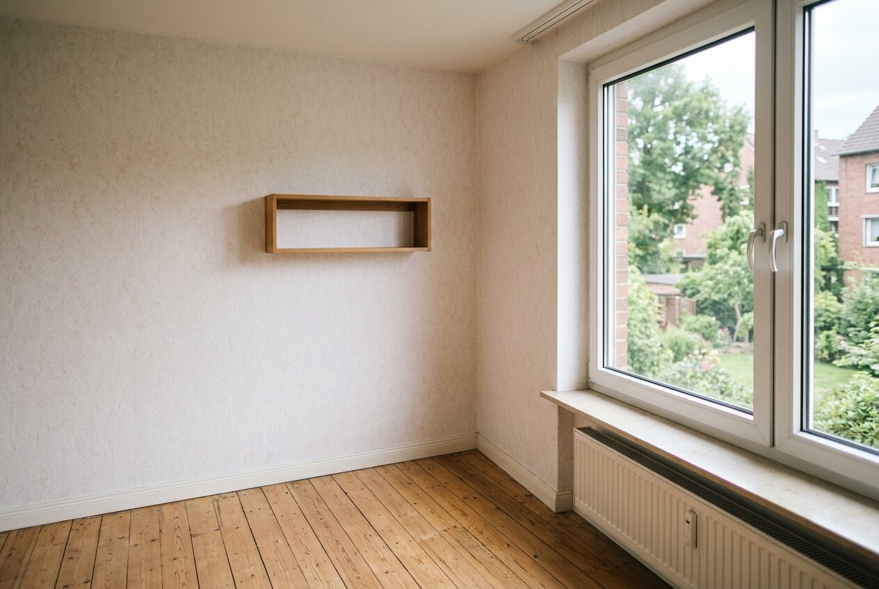 Leeres Zimmer mit einem einzelnen Wandregal und Blick auf einen Garten