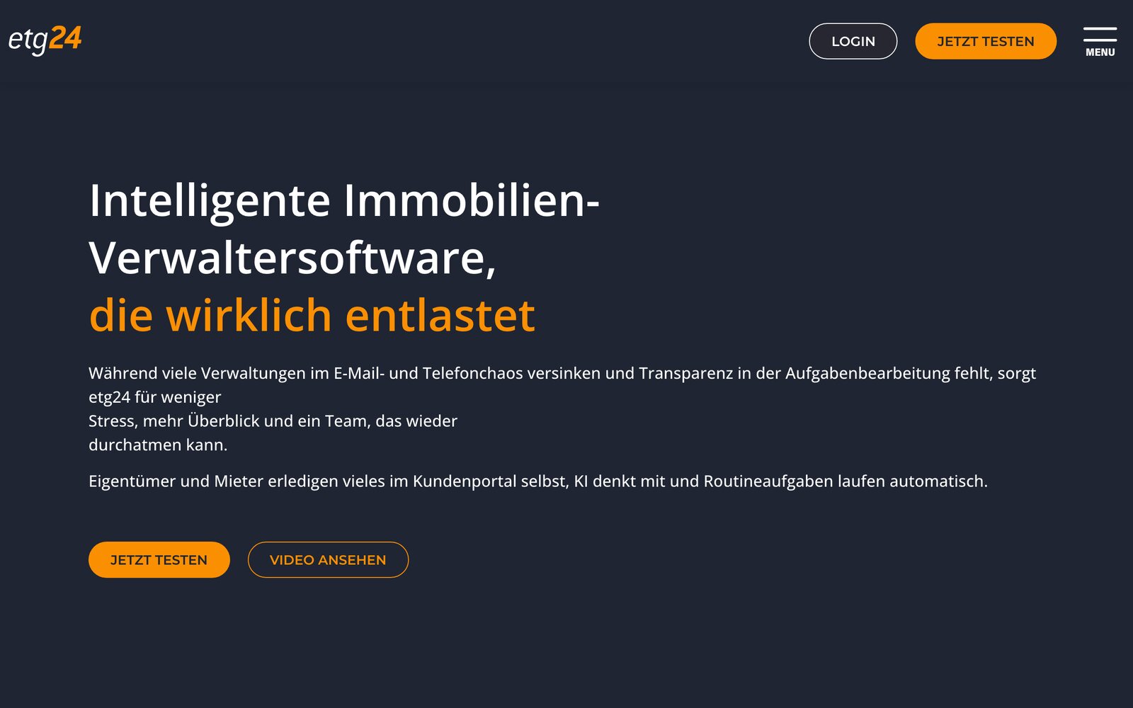 etg24: Startseite der Verwaltersoftware mit Kundenportal