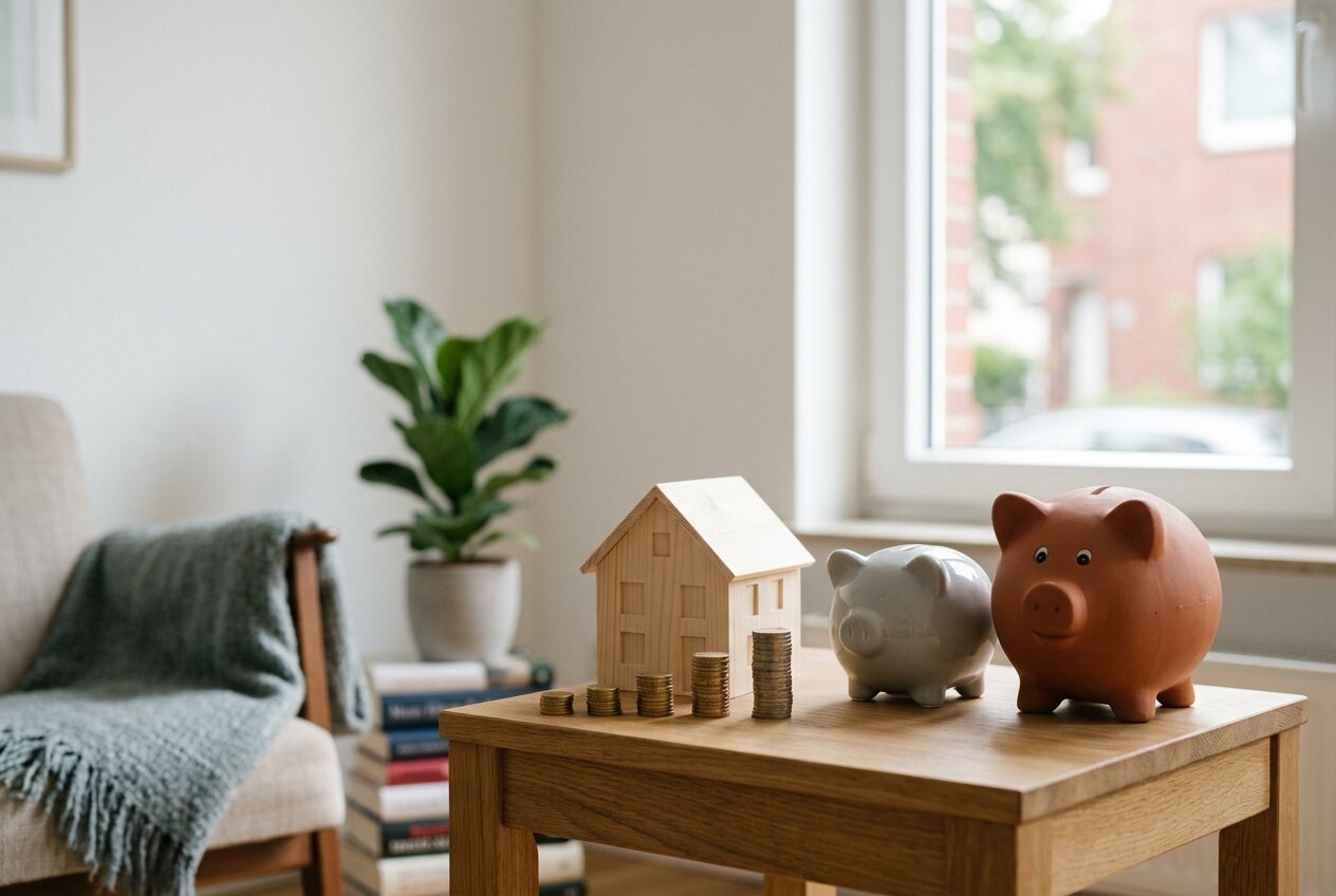 Zwei Sparschweine, ein Holzhaus und Münzstapel auf einem Tisch in einer Wohnung als Symbol für festen und variablen Zins auf die Mietkaution
