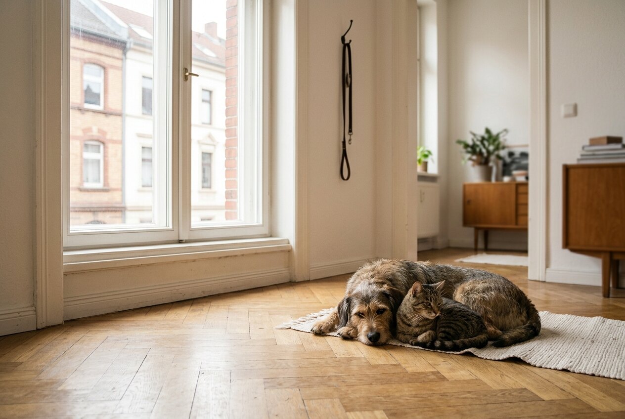 Hund und Katze liegen zusammen auf dem Holzboden eines hellen Altbau-Wohnzimmers