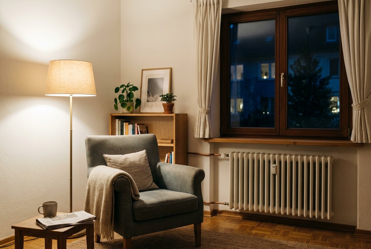 Wohnzimmer am Abend mit Stehlampe und Heizkörper unter dem Fenster