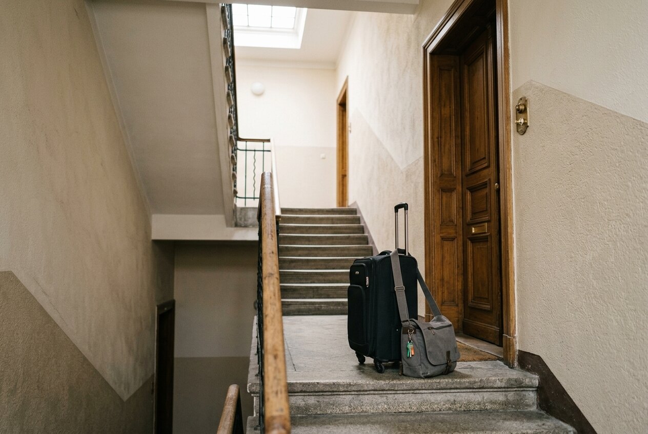 Suitcase and shoulder bag in the stairwell of a Berlin apartment building
