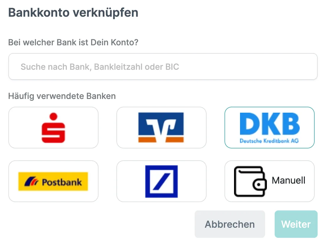 Immocloud: Bankkonto verknüpfen, Auswahl der Bank
