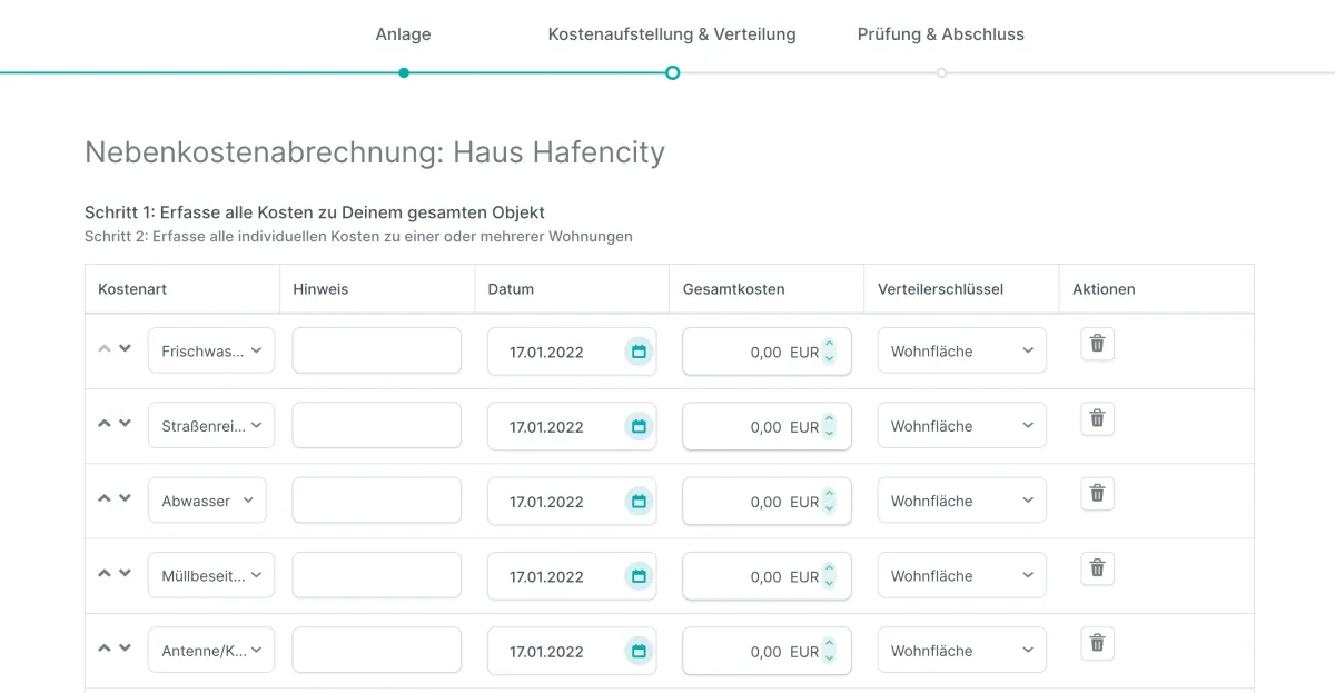 Immocloud: Nebenkostenabrechnung mit Kostenarten und Verteilerschlüssel