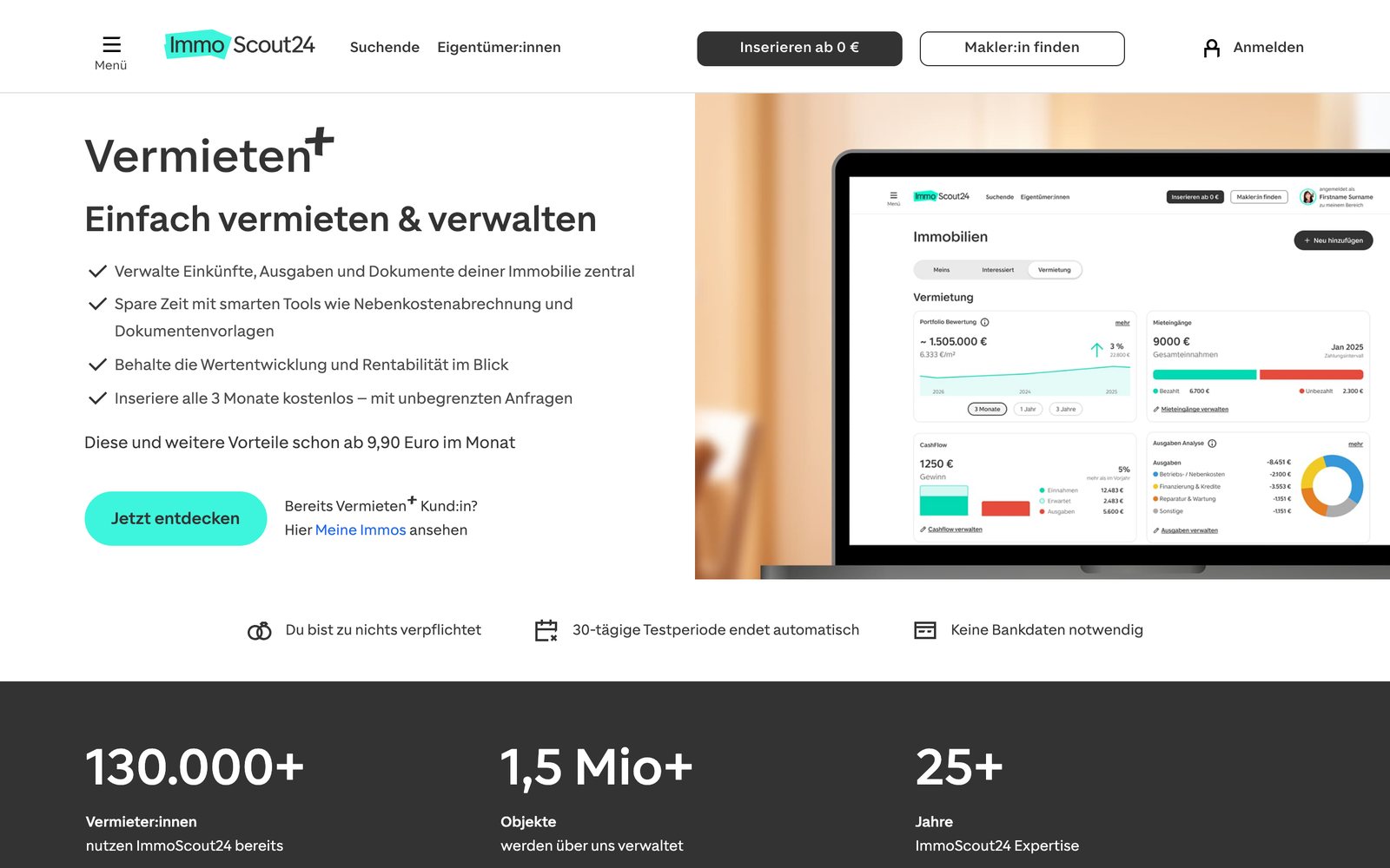 ImmoScout24 Vermieten+: Verwaltung von Einkünften, Ausgaben und Dokumenten