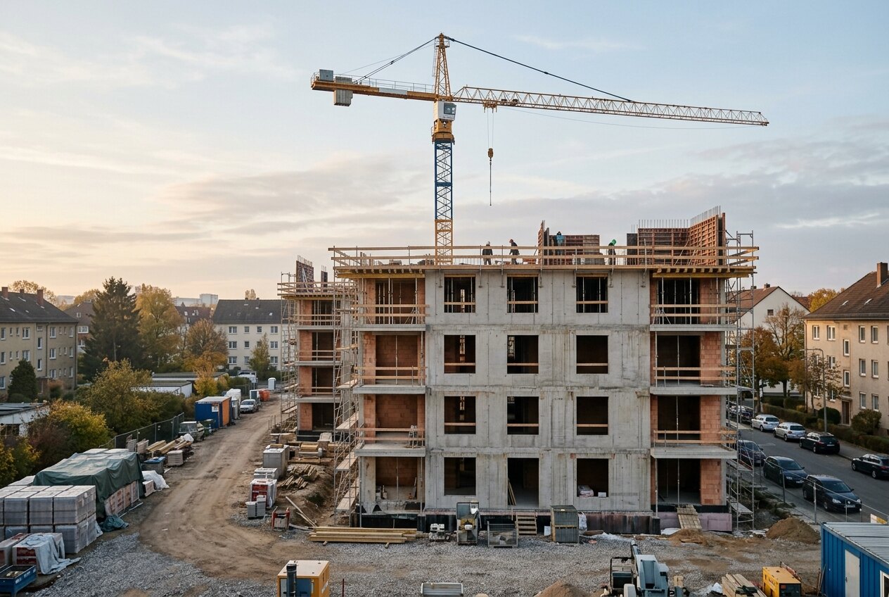 Neubau-Rohbau mit Baukran im Abendlicht zwischen bestehenden Wohnhäusern