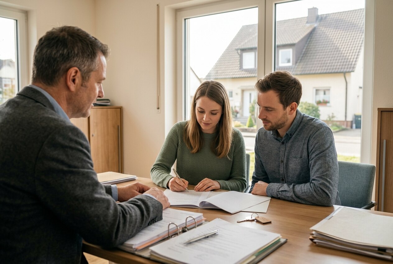 Käuferpaar unterschreibt beim Notar einen Kaufvertrag, im Hintergrund ist durchs Fenster ein Einfamilienhaus zu sehen