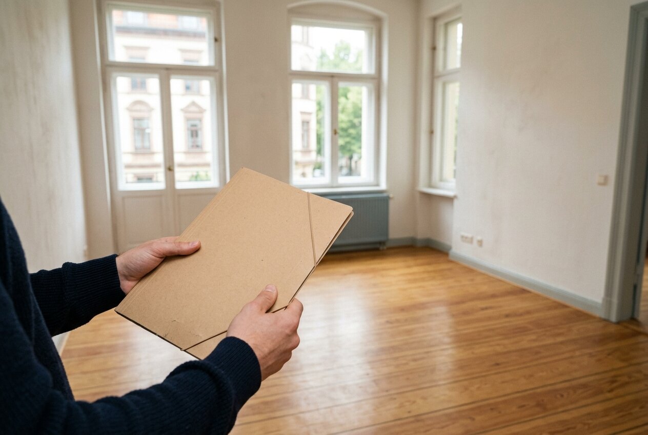 Hände halten eine Bewerbungsmappe in einer leeren Altbauwohnung bei der Wohnungsbesichtigung