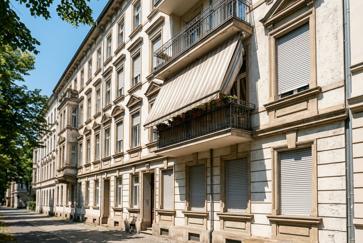 Altbaufassade in der Mittagssonne mit heruntergelassenen Rollläden und ausgefahrener Markise