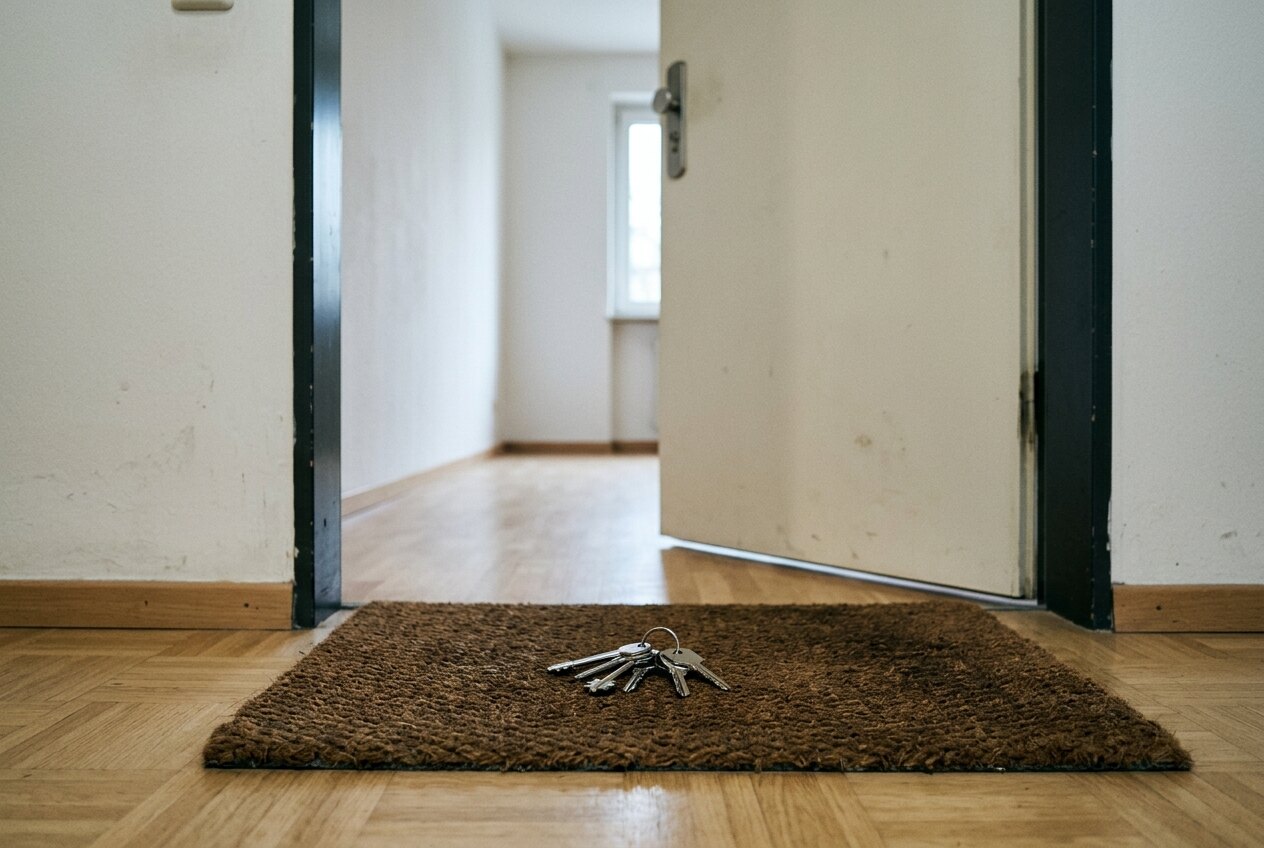 Schlüsselbund auf der Fußmatte im Flur einer leergeräumten Wohnung