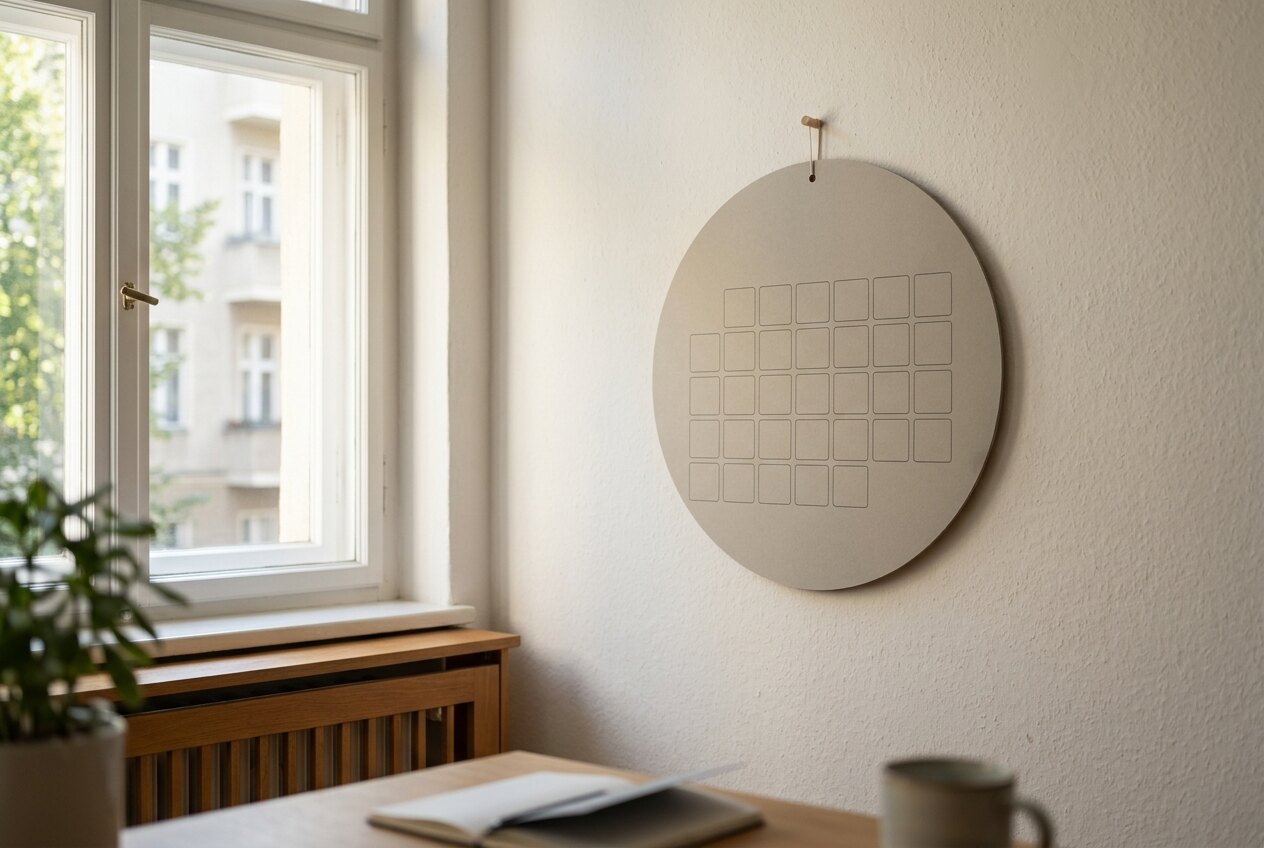 Runder Wandkalender ohne Beschriftung an einer hellen Zimmerwand