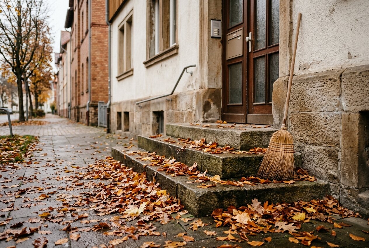 Nasses Herbstlaub auf den Steinstufen vor einem Hauseingang, daneben ein Reisigbesen an der Wand