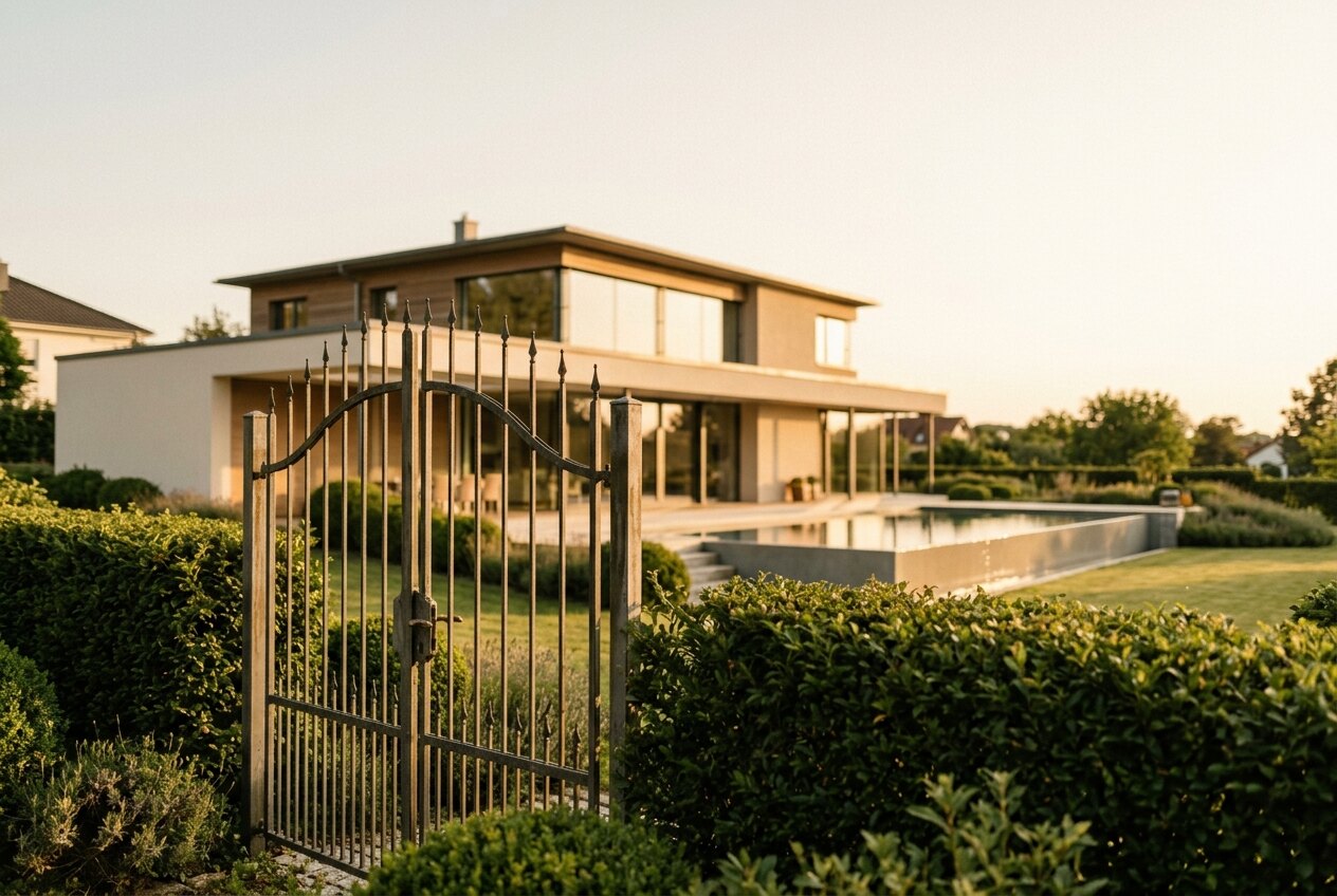 Modernes Einfamilienhaus mit Pool hinter einem schmiedeeisernen Gartentor und gepflegter Hecke im Abendlicht