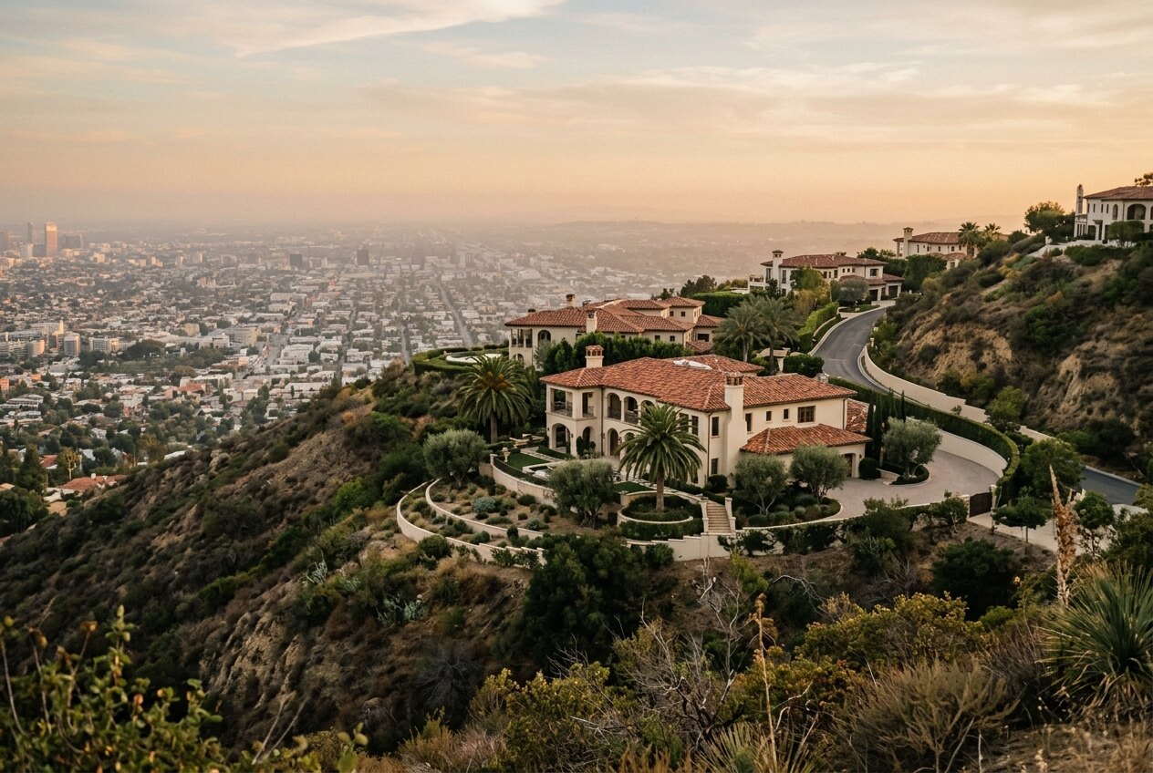 Villen mit Palmen an einem Hang über Los Angeles im Abendlicht, Blick auf die Stadt