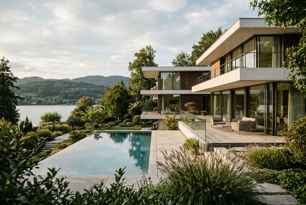 Moderne Villa mit Terrasse und Infinity-Pool oberhalb eines Sees im Abendlicht