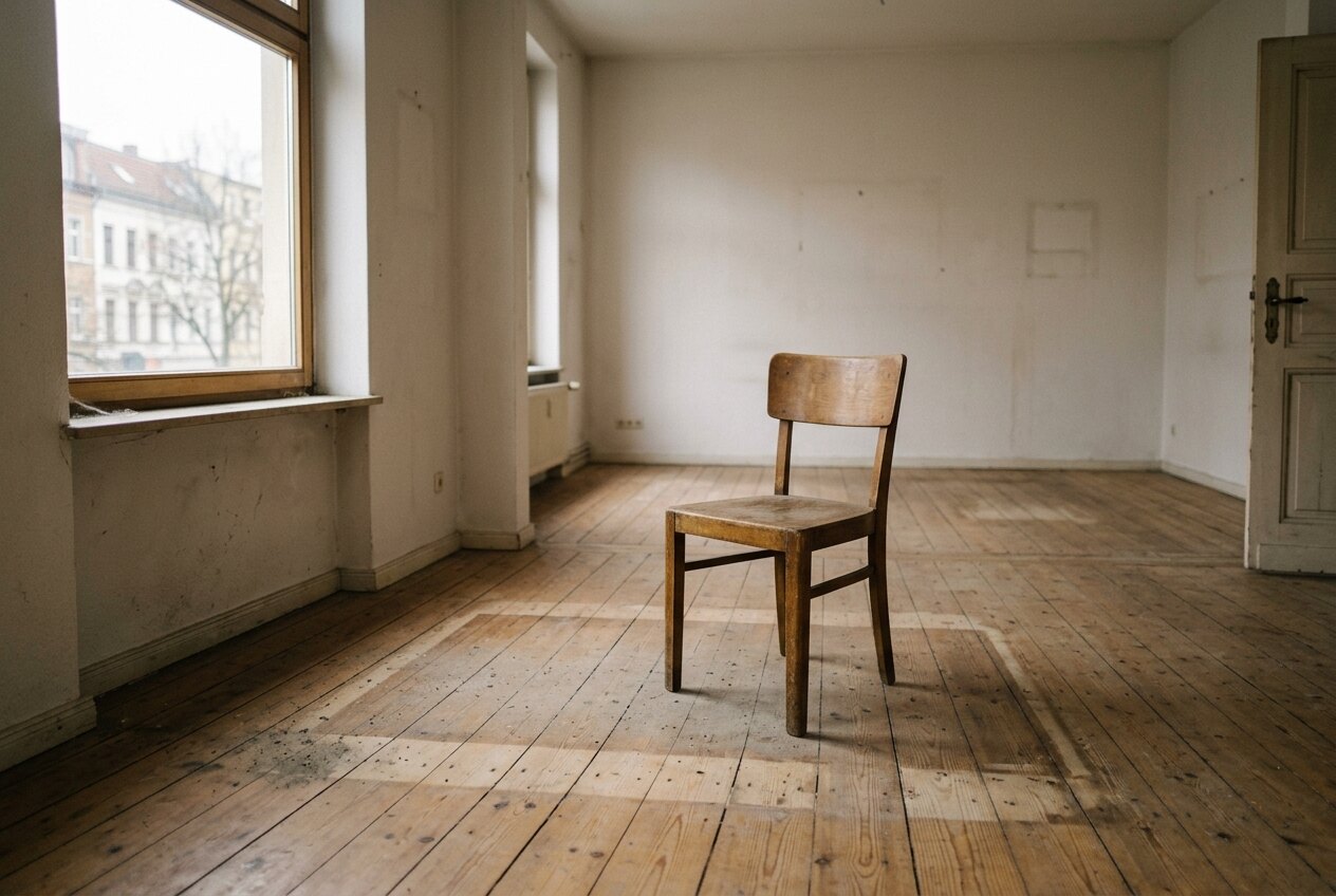 Leergeräumtes Zimmer mit einem einzelnen zurückgelassenen Stuhl