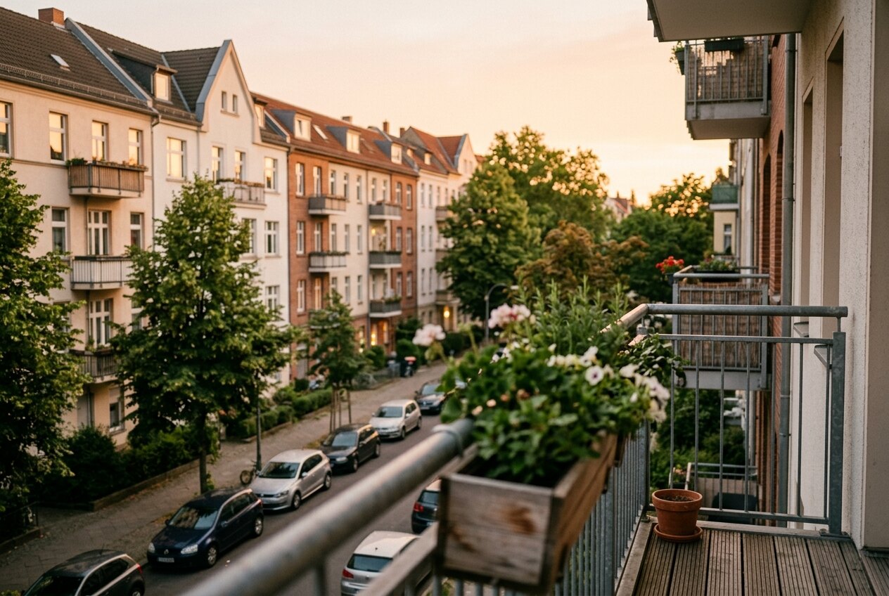 Blick von einem Balkon auf eine Wohnstraße mit Mehrfamilienhäusern in der Abendsonne