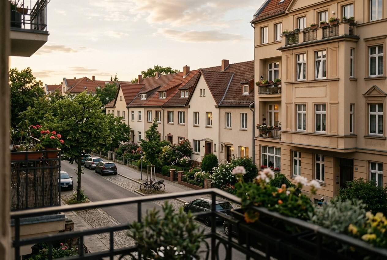 Blick von einem Altbaubalkon über eine Wohnstraße mit Reihenhäusern