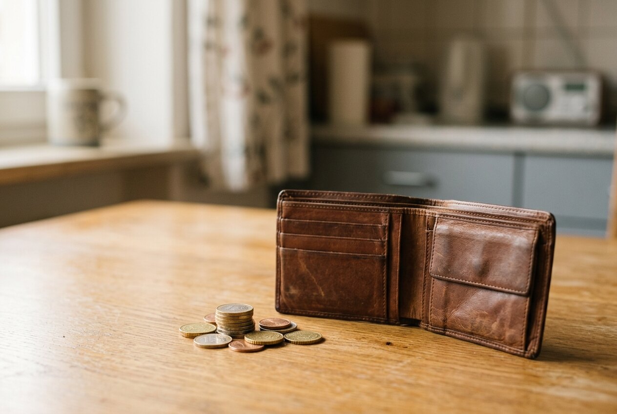Geöffnetes Portemonnaie mit Euro-Münzen auf einem Küchentisch