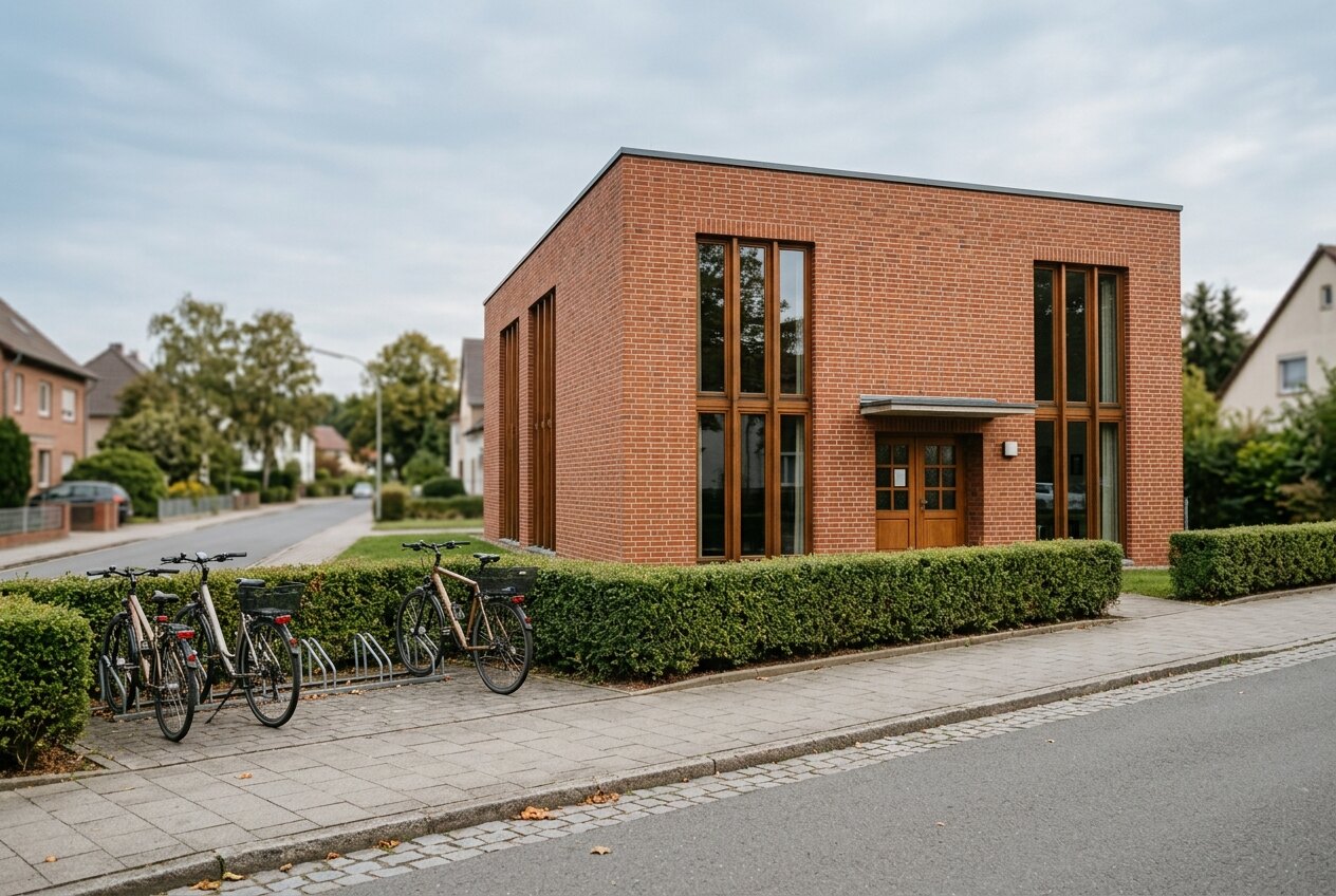 Schlichtes Gemeindehaus aus rotem Backstein an einer ruhigen Straße