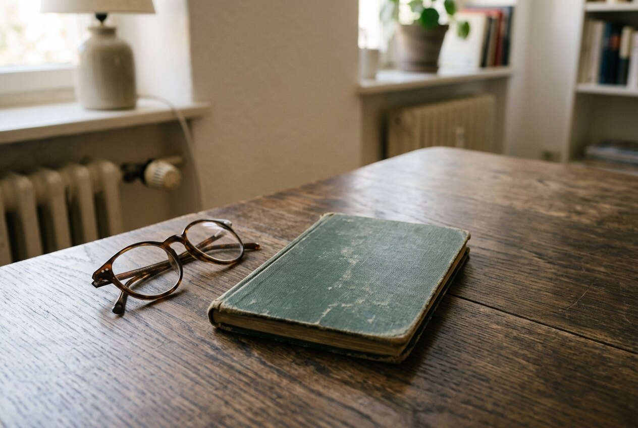 Geschlossenes altes Sparbuch mit Leineneinband und eine Lesebrille auf einem Holztisch