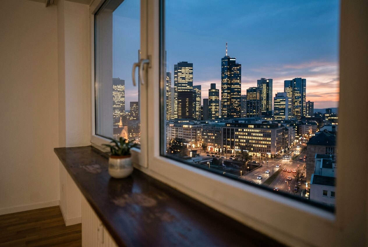 Blick aus einem Fenster auf eine Bankenskyline in der Abenddämmerung
