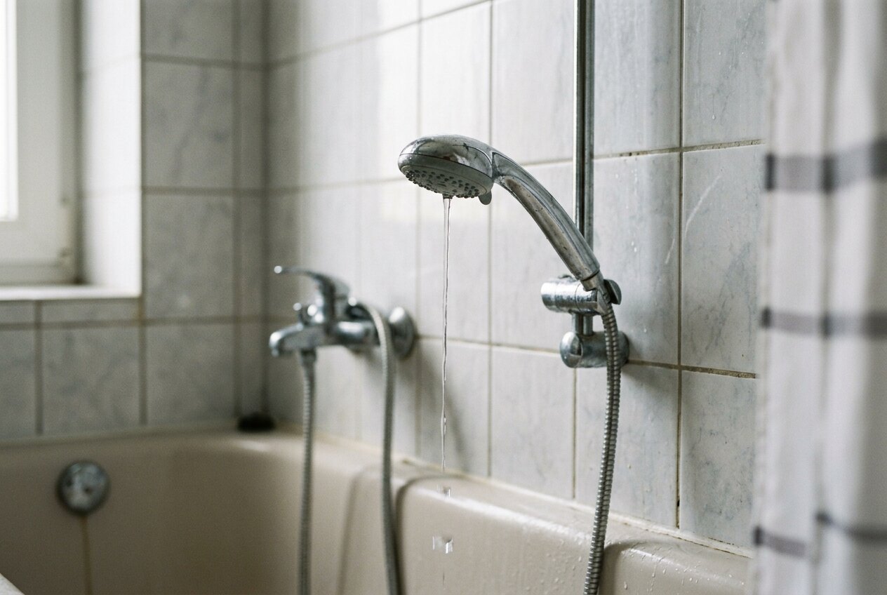 Duschkopf mit dünnem kalten Wasserstrahl in einem gefliesten Badezimmer
