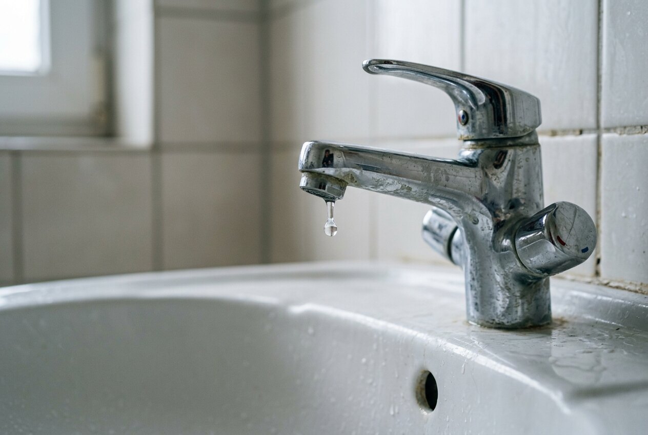 Tropfender Wasserhahn mit Kalkspuren über einem Waschbecken