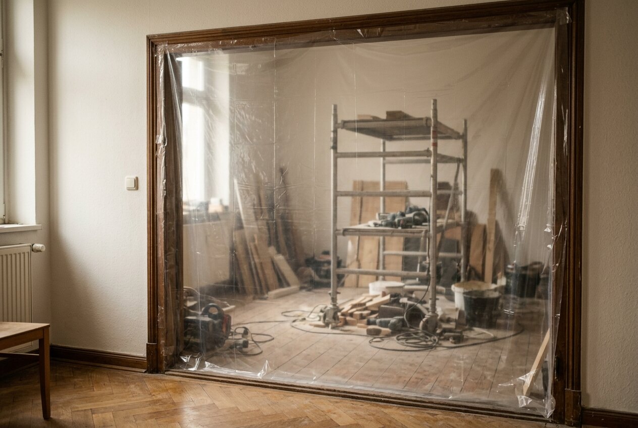 Staubschutzfolie im Türrahmen, dahinter eine Baustelle mit Gerüstbock in der Wohnung