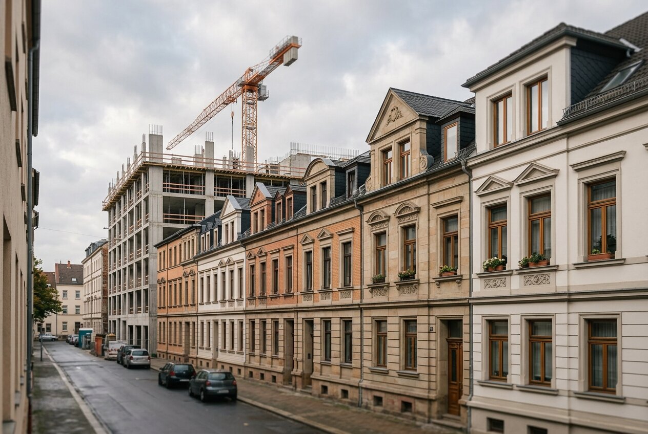 Neubau-Rohbau mit Baukran hinter einer Zeile gründerzeitlicher Wohnhäuser