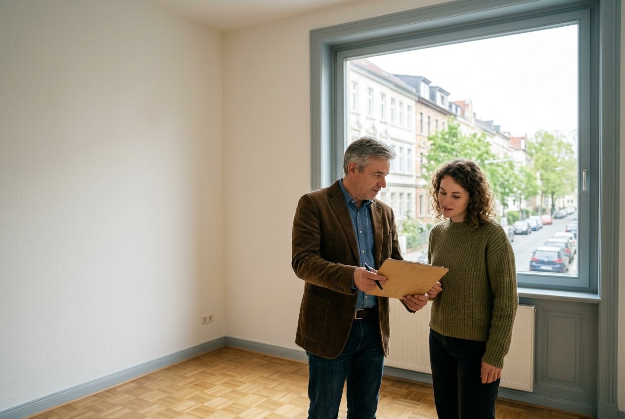 Vermieter und Mieterin besprechen bei einer Wohnungsbesichtigung ein Klemmbrett vor einem Fenster mit Blick auf eine Wohnstraße